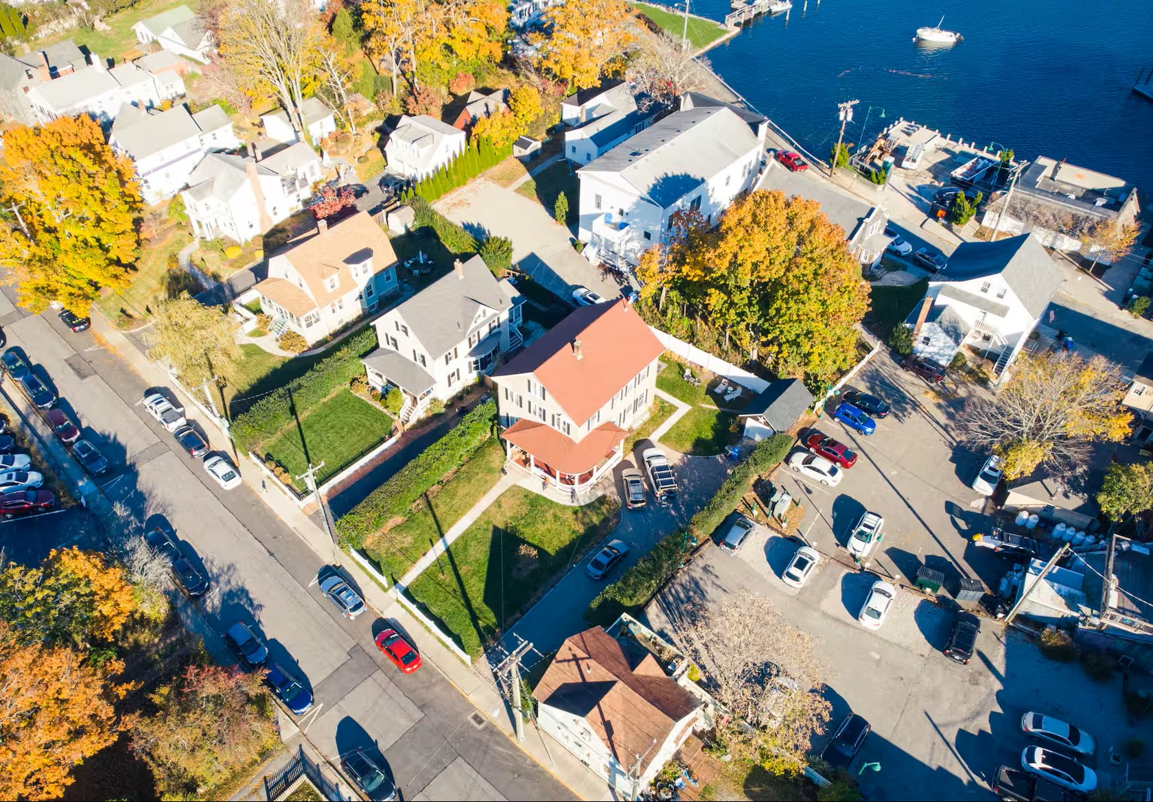 Aerial overhead view with fall foliage
