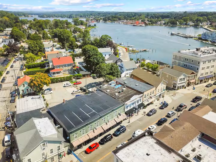 Aerial view of downtown Mystic and the river