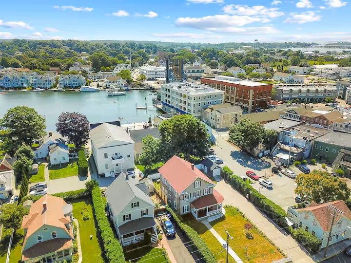 Aerial view of The Bliss of Mystic and Mystic waterfront